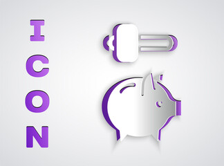 Paper cut Piggy bank and hammer icon isolated on grey background. Icon saving or accumulation of money, investment. Paper art style. Vector.