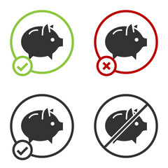 Black Piggy bank icon isolated on white background. Icon saving or accumulation of money, investment. Circle button. Vector.