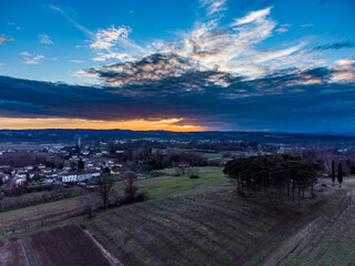 Sunset over the hills. View from above.