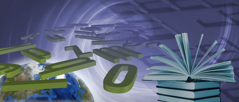 image of flying letters of the alphabet against the background of stylized images of the planet Earth, an open book and a computer keyboard. 3D- image