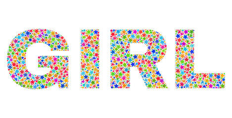 GIRL text with bright mosaic flat style. Colorful vector illustration of GIRL caption with scattered star elements and small circle dots. Festive design for decoration titles.