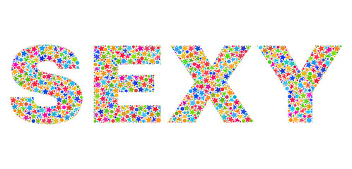 SEXY text with bright mosaic flat style. Colorful vector illustration of SEXY text with scattered star elements and small circles. Festive design for decoration titles.