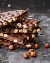 Pieces of milk chocolate with hazelnuts on a dark background, handmade chocolate