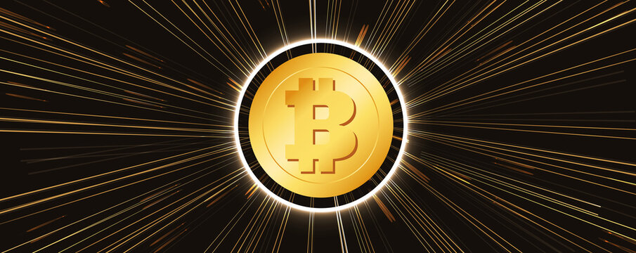 Bitcoin banner. Golden bitcoin digital currency, Cryptocurrency, futuristic digital money, technology worldwide network concept, vector banner.