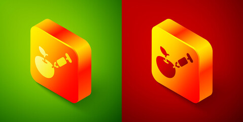 Isometric Genetically modified apple icon isolated on green and red background. GMO fruit. Syringe being injected to apple. Square button. Vector.