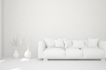 Grey minimalist living room with sofa. Scandinavian interior design. 3D illustration