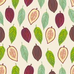 Seamless pattern colorful cutaway cocoa fruits with leaves on a beige background.