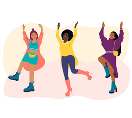Young women of different nationalities dance. Girls in fashionable clothes have fun at a party.. International women day