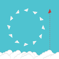 Think differently. Red airplane changing direction. New idea, change, trend, courage, creative solution, innovation and unique way concept.	