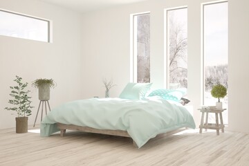 Stylish bedroom in white color with winter landscape in window. Scandinavian interior design. 3D illustration