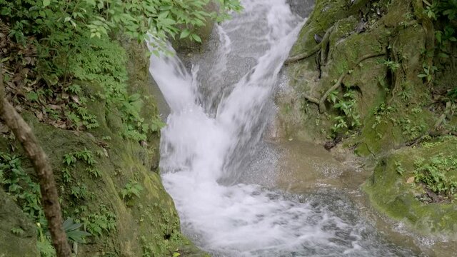 Slow Pan Up Fast Streamed Water Fall With Mossy Rocks And Plants Laying Aside