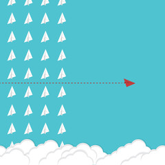 Think differently. Red airplane changing direction. New idea, change, trend, courage, creative solution, innovation and unique way concept.	