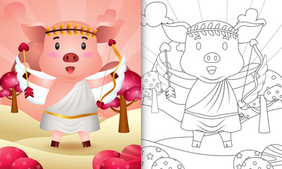 coloring book for kids with a cute pig angel using cupid costume themed valentine day