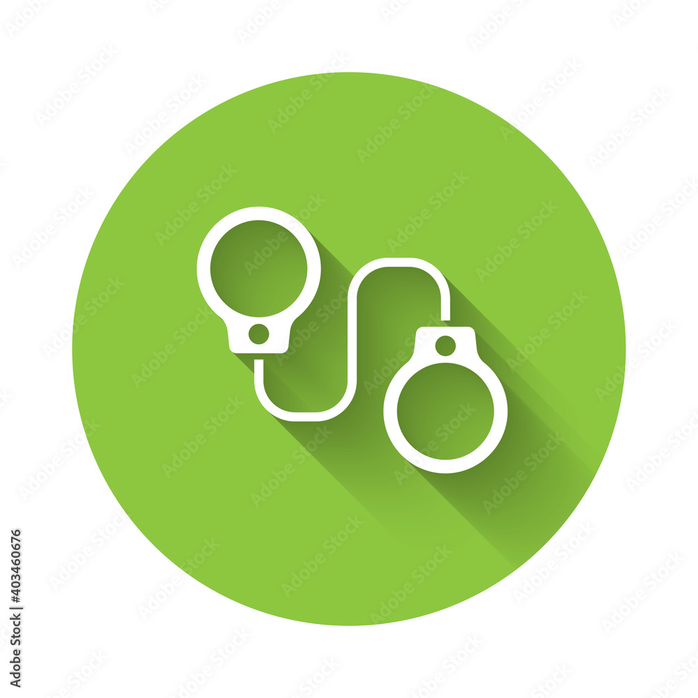 Poster white handcuffs icon isolated with long shadow. green circle button. vector.