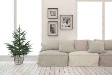 White living room with sofa. Scandinavian interior design. 3D illustration