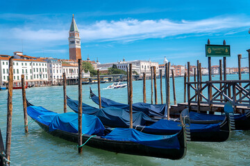 Una bella giornata a Venezia con le gondole attraccate al molo con il Campanile di San Marco sullo sfondo. © Francisco