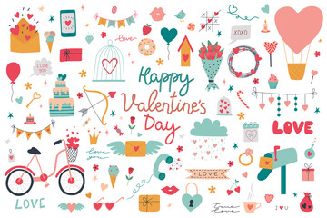Collection of St. Valentine's Day design elements isolated on white background. Heart, bow, balloon, letter, lollipop, bouquet, love, candles, diamonds. Valentines vector set in flat cartoon style.