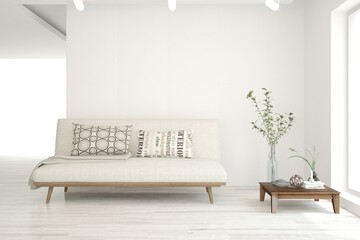 White living room with sofa. Scandinavian interior design. 3D illustration