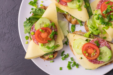 Spring healthy sandwiches with cheese, lettuce and tomato sprinkled with chives on plates lying on a dark background