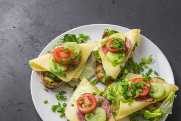 Spring healthy sandwiches with cheese, lettuce and tomato sprinkled with chives on plates lying on a dark background