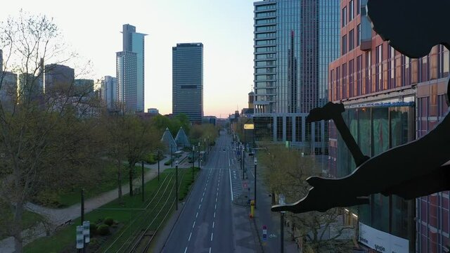 Arial shot of the hammering man in Frankfurt during Corona Lock Down