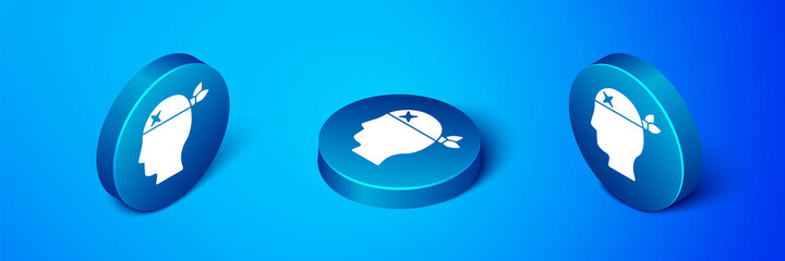 Isometric Pirate captain icon isolated on blue background. Blue circle button. Vector.