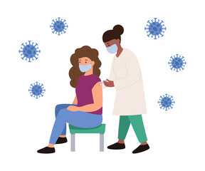 Doctor vaccinates the woman against the virus. New vaccine for coronavirus. Flat cartoon vector characters. Nurse is holding injection. Healthcare concept.