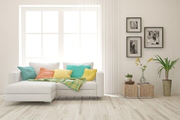 White living room with sofa. Scandinavian interior design. 3D illustration