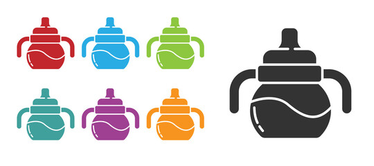 Black Baby bottle icon isolated on white background. Feeding bottle icon. Milk bottle sign. Set icons colorful. Vector.