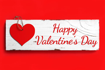 red heart on white wooden and red background with text Happy valentines day. top view. love,...