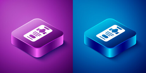 Isometric Smartphone with electronic boarding pass airline ticket icon isolated on blue and purple background. Passenger plane mobile ticket for web and app. Square button. Vector.