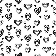 Seamless vector unidirectional pattern. Stylized black and white hearts mixed with black and outline hearts, On a transparent background.