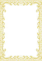 Gold abstract decorative frame. Ornate patterns with flowers, birds. Used for wedding invitations, postcard decoration, text writing. Easy to print. Graphic illustration 