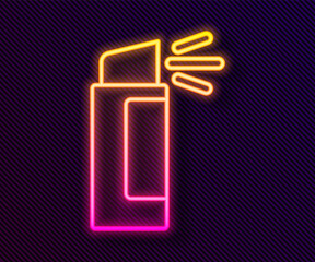 Glowing neon line Pepper spray icon isolated on black background. OC gas. Capsicum self defense aerosol. Vector.