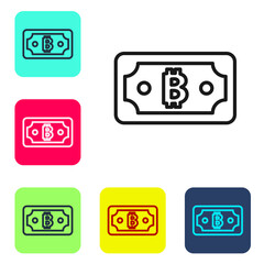 Black line Cryptocurrency bitcoin icon isolated on white background. Blockchain technology, digital money market. Set icons in color square buttons. Vector.