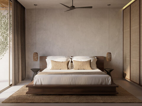 3d rendering of a Mykonos minimal cool luxurious hotel bedroom. Greek Aegean design style