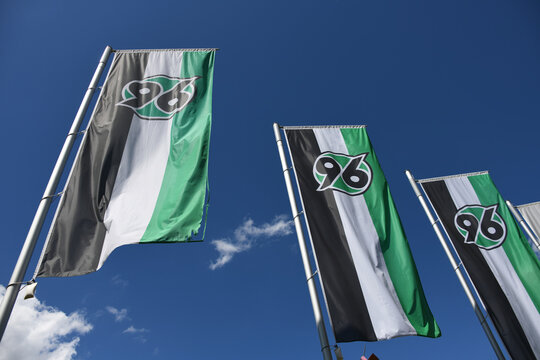 Hanover Lower Saxony, Germany - June 9, 2019: Flag with the logo of Hannover 96 - Hannover 96 is a German association football club based in the city of Hanover