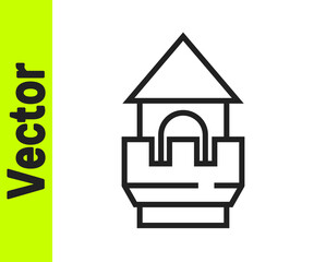 Black line Castle tower icon isolated on white background. Fortress sign. Vector.