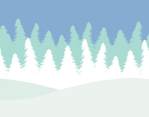 Vector flat cartoon winter landscape with spruce trees forest isolated on white background