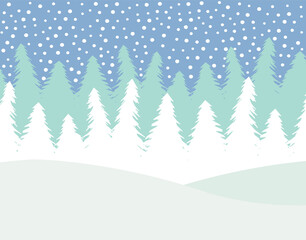 Vector flat cartoon winter landscape with spruce trees forest and snow isolated on white background