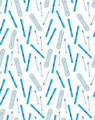 Vector seamless pattern of colored flat winter sport equipment isolated on white background