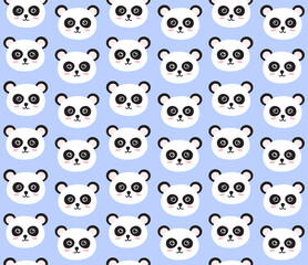 Vector seamless pattern of flat cartoon hand drawn doodle panda face isolated on blue background