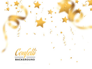 Golden confetti falls on a beautiful background. Falling streamers on stage.