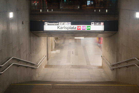 Vienna, Austria - August 30, 2020: Entrance to Karlsplatz (Vienna U-Bahn) metro station.