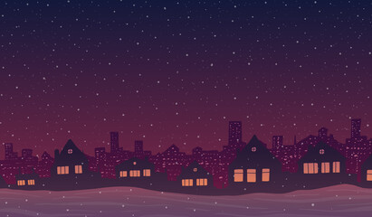 Vector winter abstract illustration. Cartoon town in snow at night.