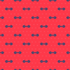 Blue line Barbell icon isolated seamless pattern on red background. Muscle lifting icon, fitness barbell, gym, sports equipment, exercise bumbbell. Vector.