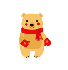 Obraz na płótnie Canvas Vector illustration of cute winter bear in a scarf and mitten. Christmas or New Year card. Isolated icon of winter cartoon animal.