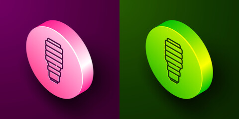 Isometric line LED light bulb icon isolated on purple and green background. Economical LED illuminated lightbulb. Save energy lamp. Circle button. Vector.