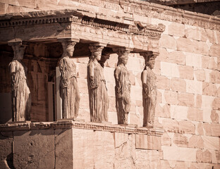 Caryatids statues on the south front of Erectheum temple, Athens acropolis, Greece