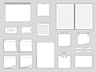 Collection of papers for memo - notepads, stickers, notebooks isolated on white background. Vector illustration